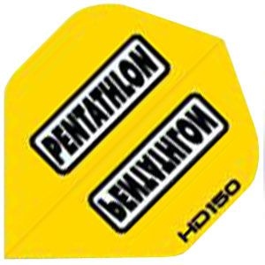 Das Bild zeigt eine gelbe Dart-Flight mit der Aufschrift "PENTATHLON" in schwarz-weißen Kästen. Unten rechts steht die Produktbezeichnung "HD150".